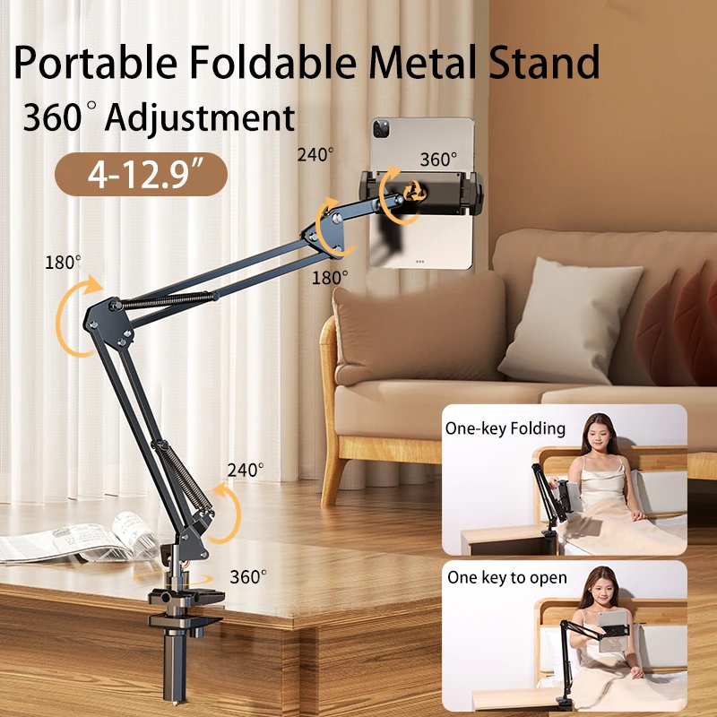 Tablet stojan otočný stojan na telefón dlhé rameno kov 180 ° nastaviteľný držiak pre iPad Pro Mini Air Xiaomi tablet kompatibilný 4-12.9