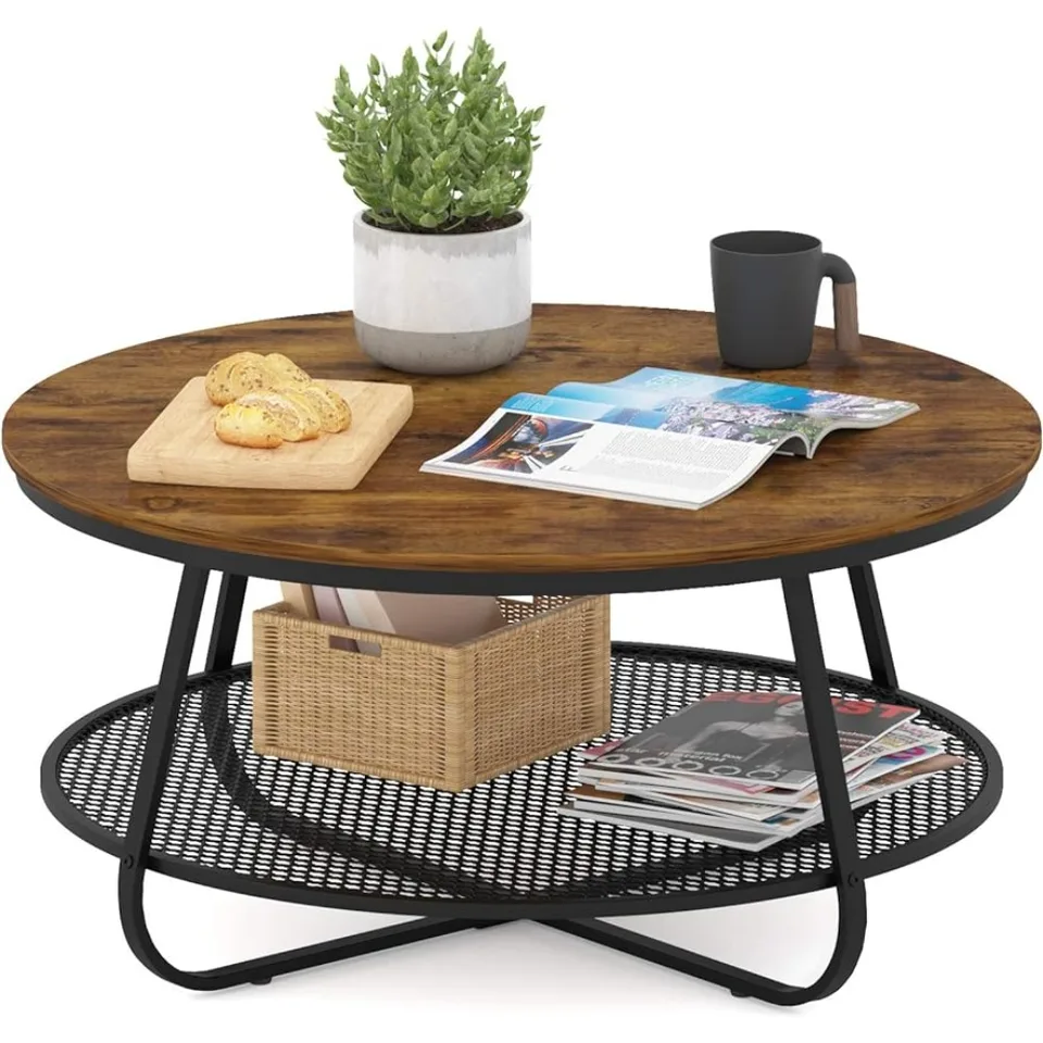 Tabuľky reštaurácie Basy Konferenčný stolík Round s otvoreným úložným priestorom 35,8 ”priemyselný 2-stupňový kruhový konferenčný stolík pre obývaciu izbu Coffe