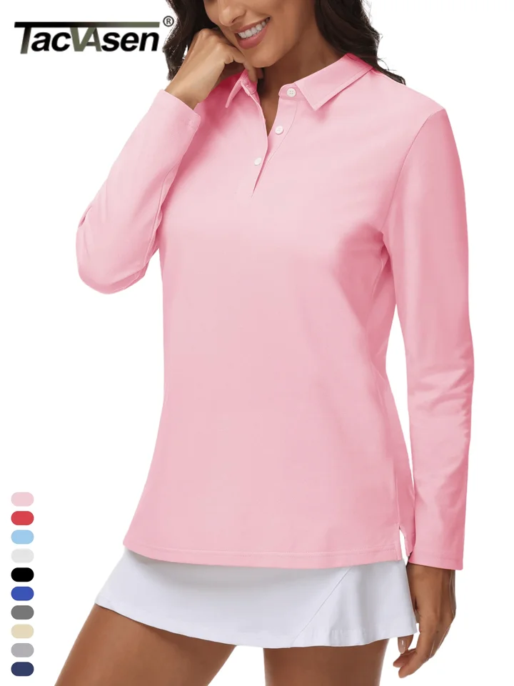 Tacvasen 3-button s dlhým rukávom Polos dámske bavlnené V-krk turistické golfové vrchol