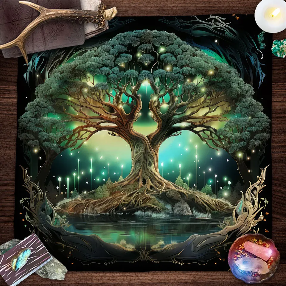 Tajomný zelený strom života Tarot karta obrus Wicca oltárny handrič