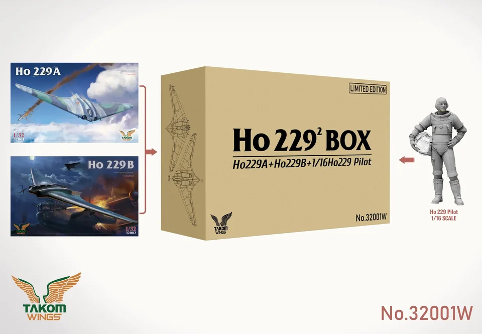 TAKOM MONTALOVANÁ PLASTOVÁ MODEL Súprava 32001W 1/32 HO 229 Box 2 HO229A + HO2229B + 1/16HO229 Pilotný obmedzený pilot