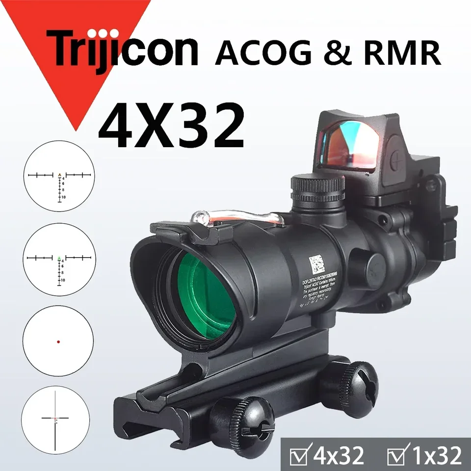 Taktická červená zelená bodka RMR ACOG 4x32 1x32 Real Fiber Optický osvetlený zelený bodový pušk pre 20 mm tkáčkovú koľajnicu