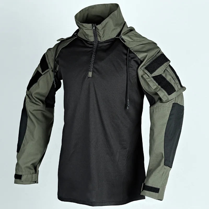 Taktické žaby košele Men Men Spring Autumn Dlhé rukávy Odnímateľné klobúky Tops Outdoor Paintball Uniforma Camo viacp vreckárové košele