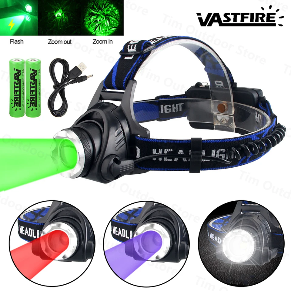 Taktický svetlomet červená/zelená/fialová/biela svetlo Hlava Torch Zoomable LED USB nabíjanie 3 režimy Hlavný svetlo svetlomet