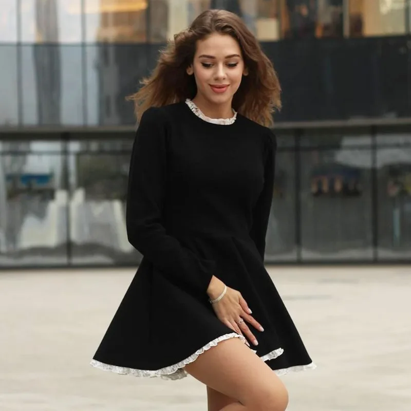 TALENZA ELEGANT LACE Slim Mini Dress Dámska módna patchwork Retro Party Šaty Slim High Bast dlhý rukáv letné mini šaty