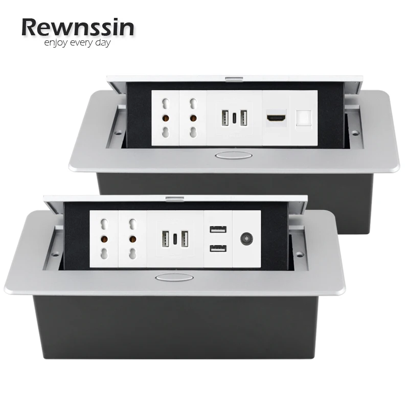 Taliansko Čile štandardná stolová zásuvka zásuvka Vypustená skrytá elektrická hliníková zliatina USB Typ C HDMI TV RJ45 16A Vstavané