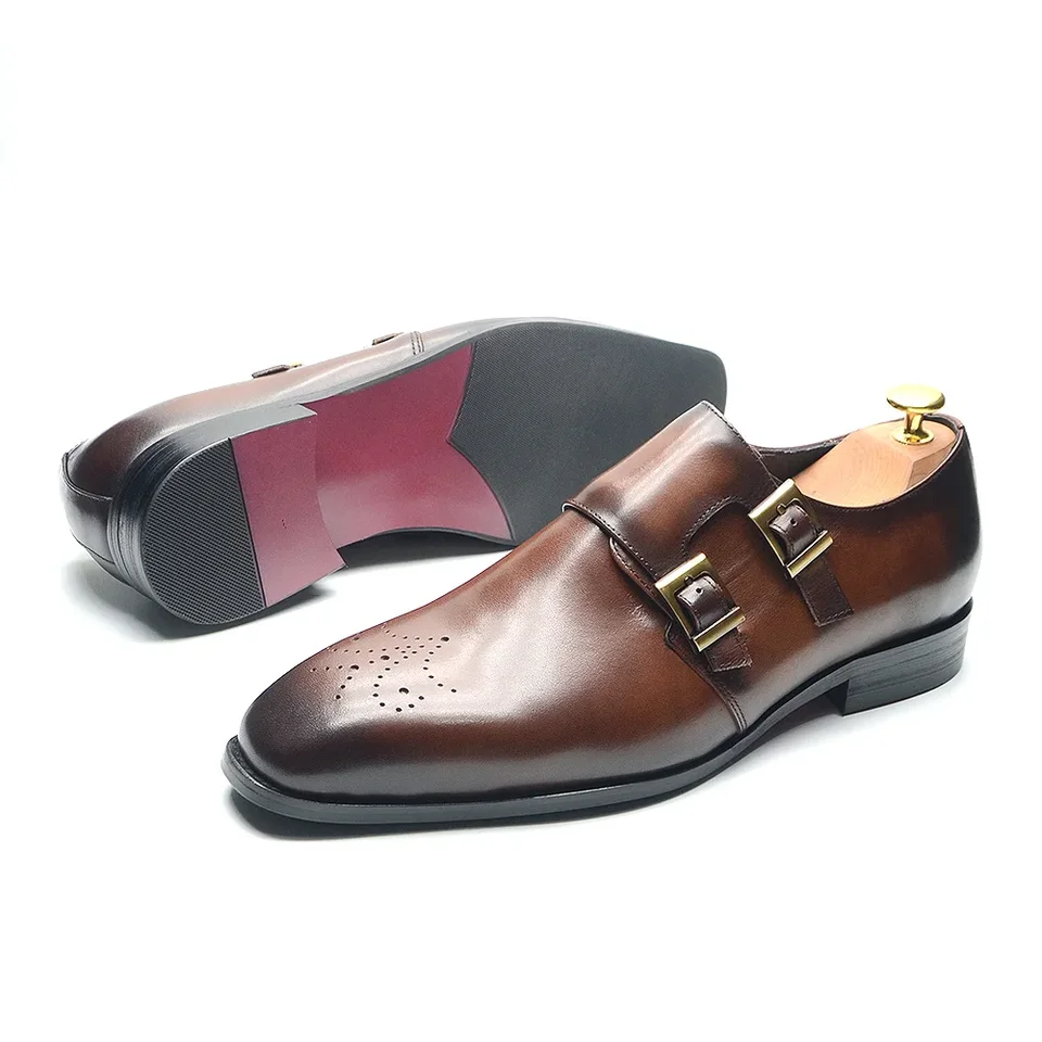 Taliansky štýl luxusný originálny kožený mních Mních Pánske formálne topánky Dvojité pracky Brogue Pointy Toe Business Business Dues topánky