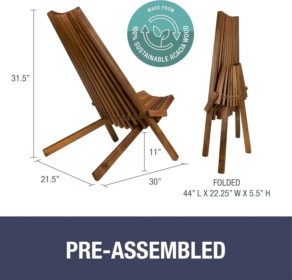 Tamarack skladacie drevené vonkajšie kreslo -Stylish s nízkym profilom Acacia Wood Lounge stoličky pre terasu, verandu, trávnik, záhradu alebo domov