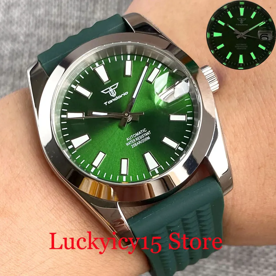 Tandorio 36 mm leštené puzdro 200 m vodotesné zelené/hnedé/modré číselník Japonsko NH35A Automatické muži sledujú zafírový sklenený gumový remienok