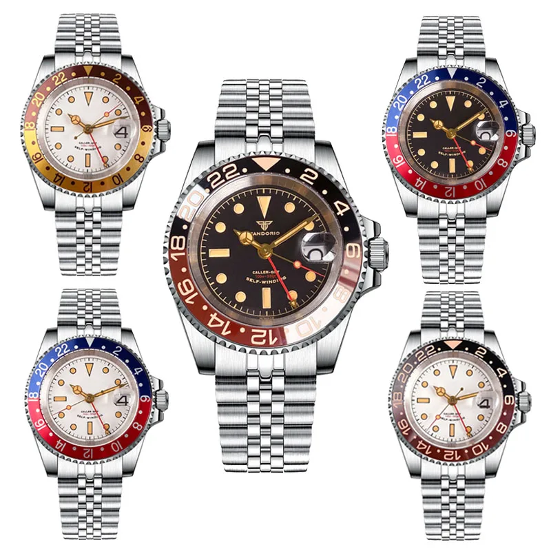 Tandorio GMT NH34 Self-vtiahnutie 40 mm automatické oceľové hodinky pre mužov Sapphire 24H RÁM DÁTUM