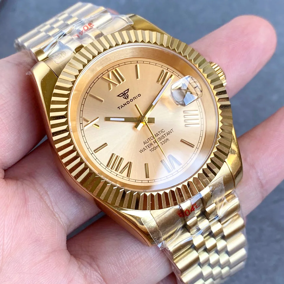 Tandorio Nové šaty 36/39 mm plné zlaté zafírové kryštálové sklo 200 metrov vodotesné NH35A Automatické mechanické muži z nehrdzavejúcej ocele