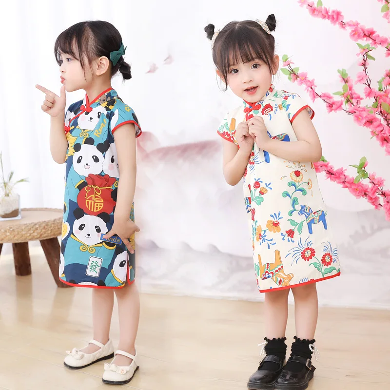 Tang Suit etnicko cheongsam letné šaty detská detská princezná princezná s krátkym rukávom detské šaty