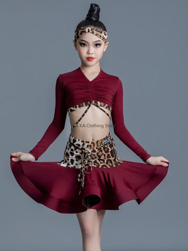 Tango latinský tanečný kostým dievčatá latinské tanečné šaty leopard cha cha rumba tanečné sukne dievčatá Performance pohotovo latinské cvičenie oblečenie