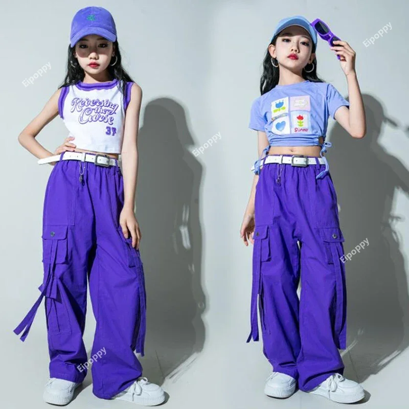 Tank topy vshirt fialové hip hop joggers nohavice pre dospievajúce show tanečné kostýmy detské oblečenie