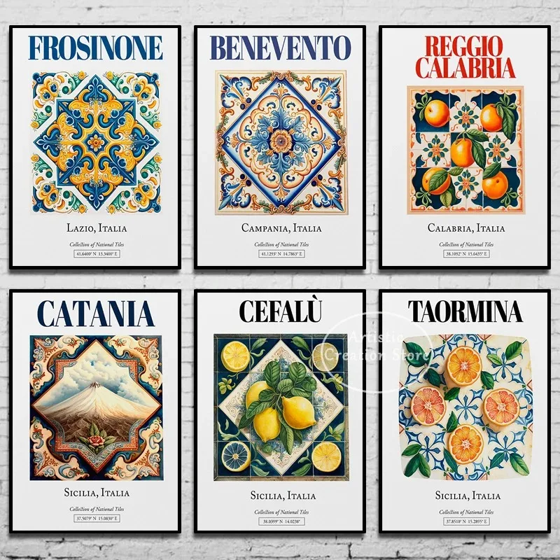 Taormina Sicília Taliansko Farebné pomaranče dlaždice vzorový plagát maľba tlačová spálňa estetická nástenná umenie dekor