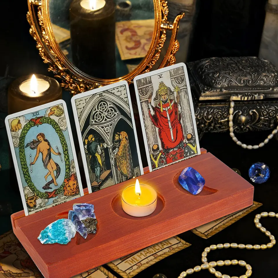 Tarot karta stojan Drevené fázy Triple Moon Symbol Symbol Tarot Card Stands Stocks s držiakom kryštálov Moon Tray Crystal for Stones Cards Tarot