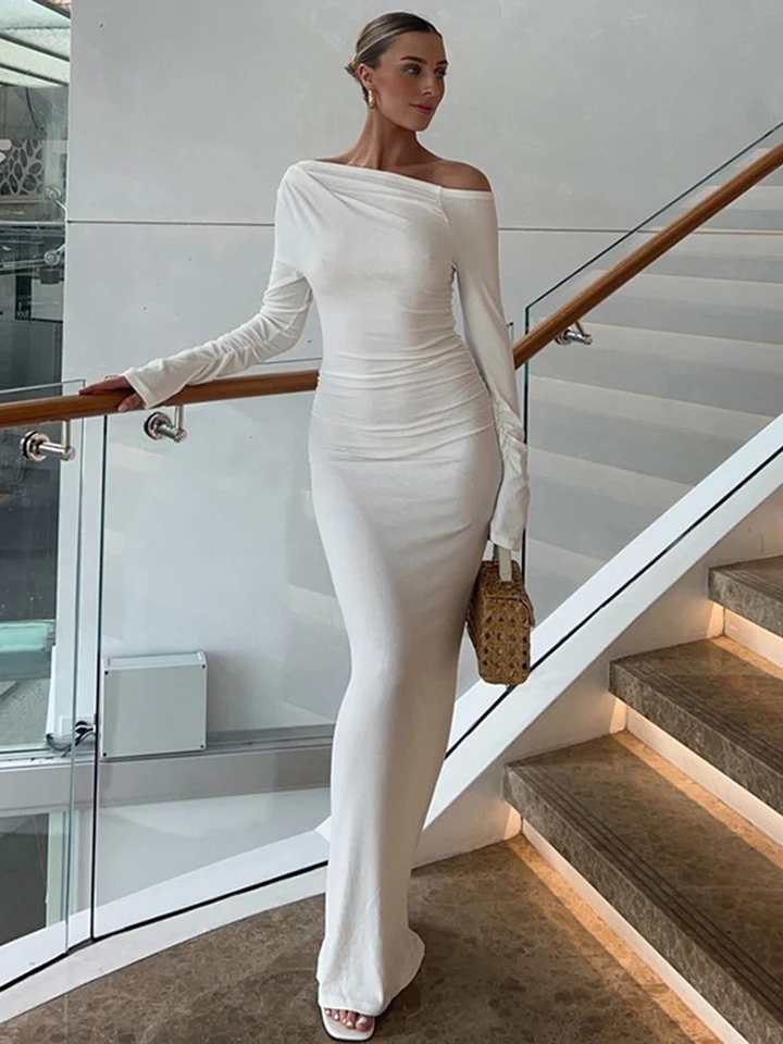 Taruxy White Swisk Golier dlhý rukáv maxi šaty pre ženy 2024 Jeseň zima nová elegantná večierok Bodycon Elegantné šaty ženský vysoký pás