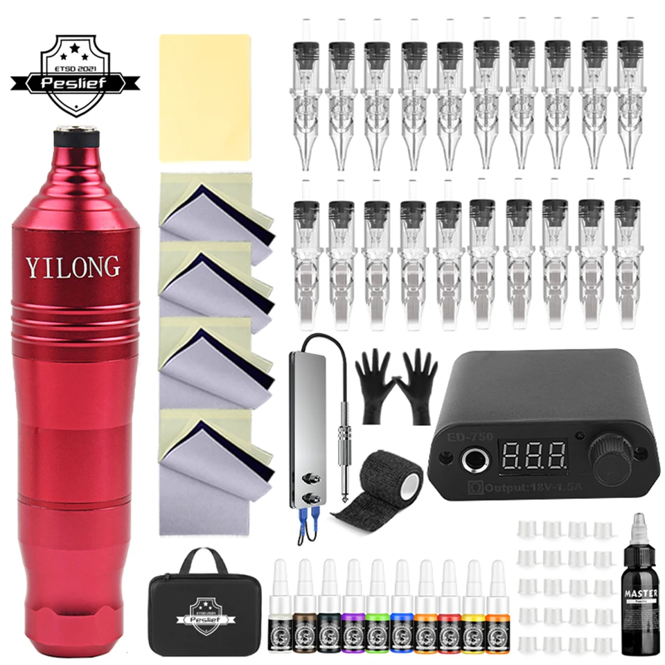 Tattoo Pen Kit pre začiatočníkov Rotary Tattoo Machine Pen Sit Tattoo Kit s 20 tetovacími kazetovými ihlami Power Dodávky Tattoo