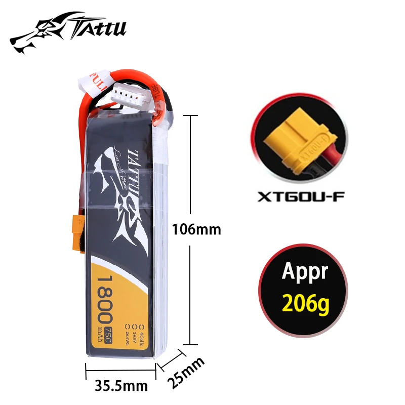 Tattu 14,8V 1800MAH 75C LiP batérie s X60 zástrčkou pre RC Helikoptéru QuadCopter FPV Racing Drone diels 4s Drones Battery