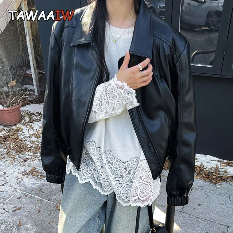 Tawaaiw Streetwear Patchwork Lace T tričko Dámske oblečenie s dlhým rukávom Kórejské módne jeseň