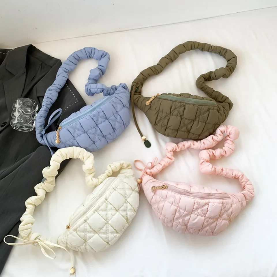 Tašky na hrudné vrecká pre ženy prešívané prešívané vrecká na ramene prešívané ružové vrecká Ruched Puffer Fanny Pack Chic Soft Soft Lightwight Wrinkle Wrinkle Kabelky 주름가방