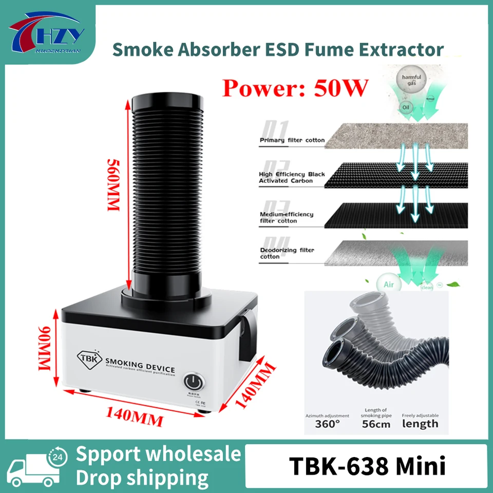 TBK-638 Mini Smoke Absorbber ESD Duse Extraktor Prístroj Spájka železa Efektívne čistenie Dym pre prístroj pre mobilné telefóny