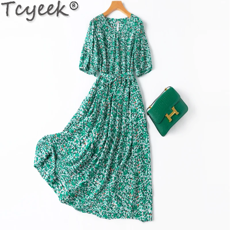 Tcyeek 100% Mulberry skutočné hodvábne letné letné dámske šaty 16 mm Skutočné hodvábne elegantné šaty pre ženy plážové šaty šnurované Vestido majer