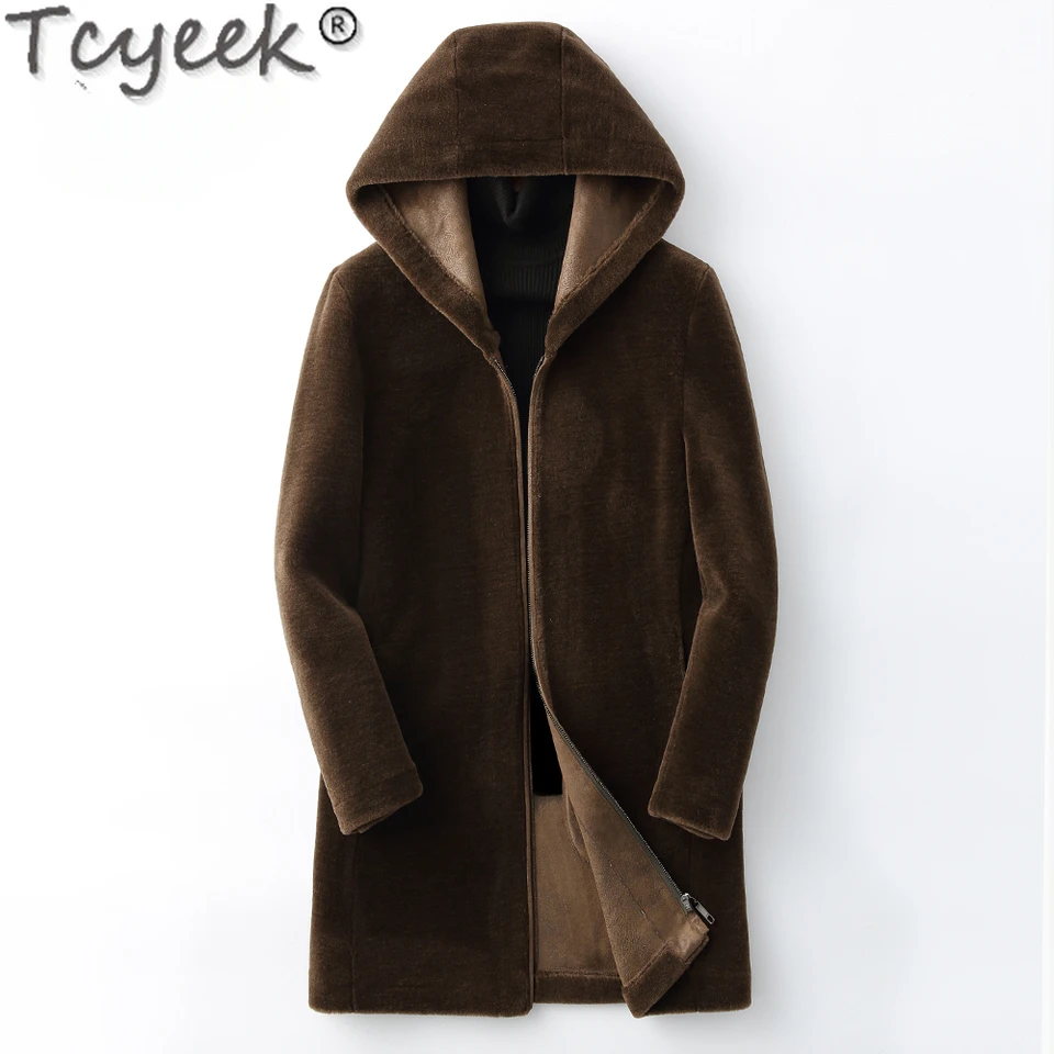 Tcyeek 100% vlnený kabát Men Teplé zimné oblečenie 2024 s kapucňou Shearling Bunda