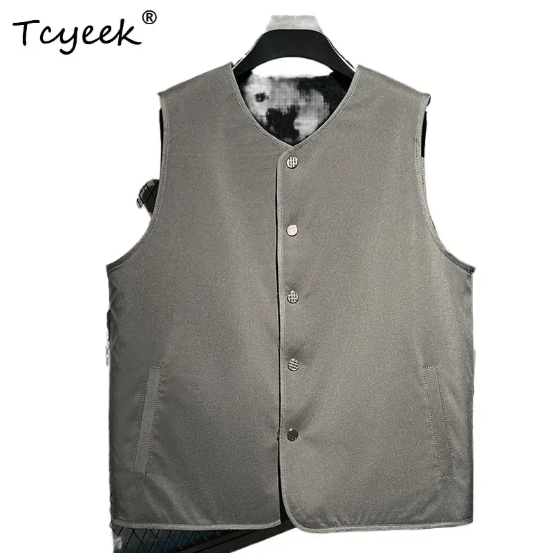 Tcyeek Real Sheepskin Wool bez rukávov bez rukávov Originálna kožená vesta 2025 Streetwear srsne vesty pre mužov Zimné jeseň pánske oblečenie