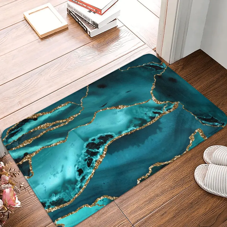 Teal Blue Marble Foot Mat Kuchynské sprchovacie dvere Zlato trblietavý kúpeľ