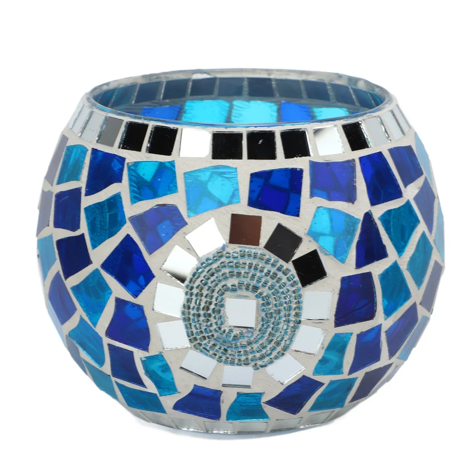 Tealight Candle Držiteľ európsky modrý oceán téma modrá zelená odrážaná svetlo Mosaic Glass Candle Stand for Home Party Dekorácie