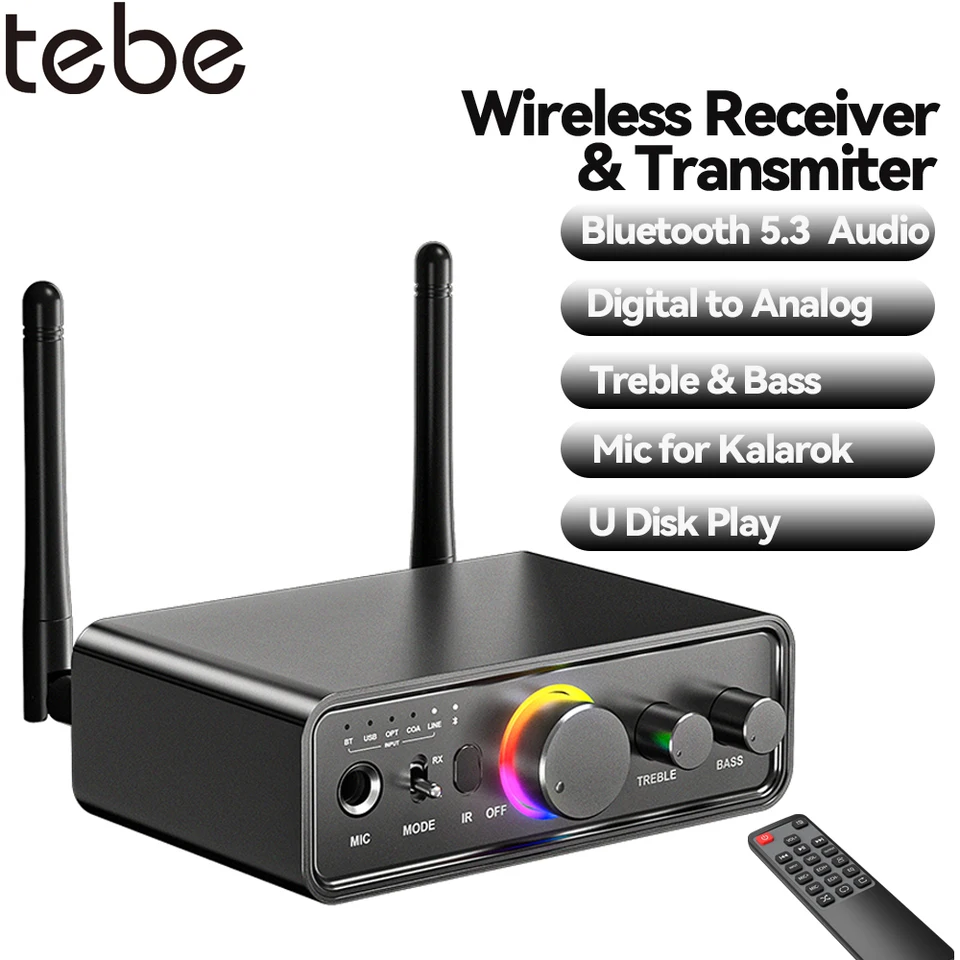 Tebe Bluetooth 5.3 DAC Prevodník bezdrôtového zvukového prijímača Audio Coaxiálny optický optický 192 kHz digitálny až analógový adaptér s MIC