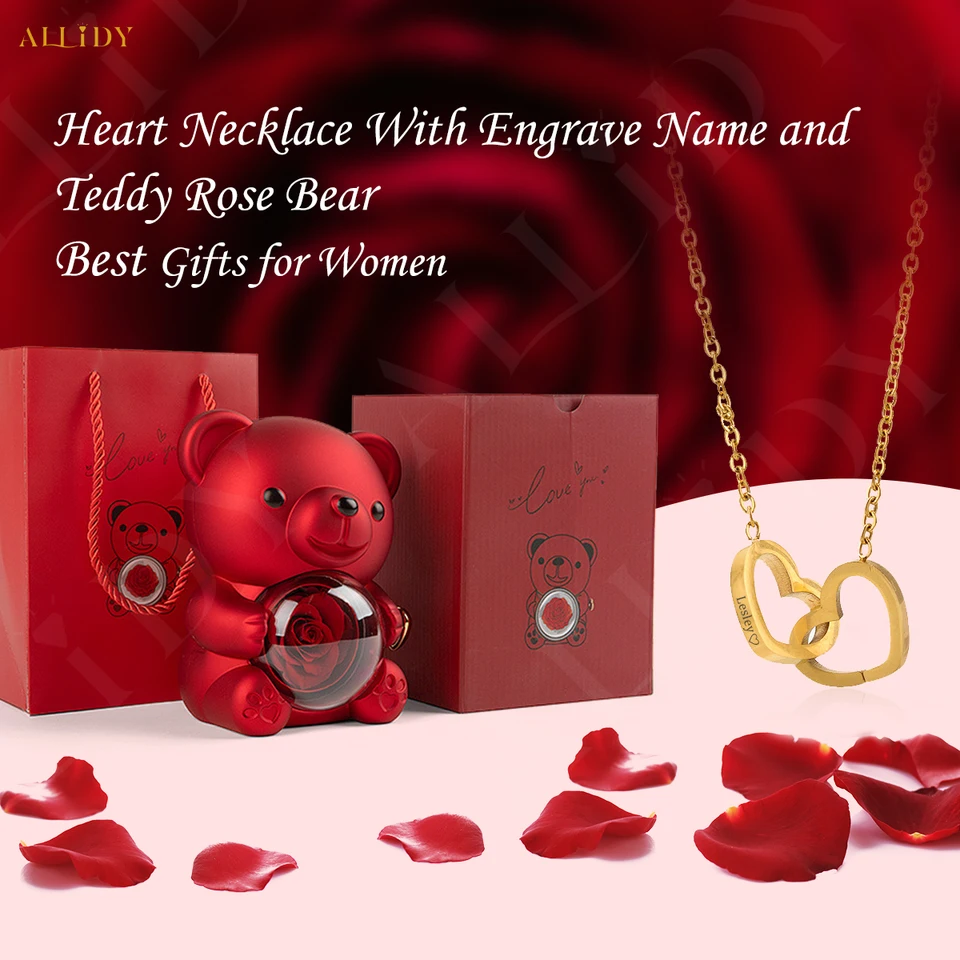 Teddy Bear Gift Box-RoTing Eternal Rose Box s náhrdelníkom na svadobné meno Názov náhrdelník šperky pre ženy darček priateľka