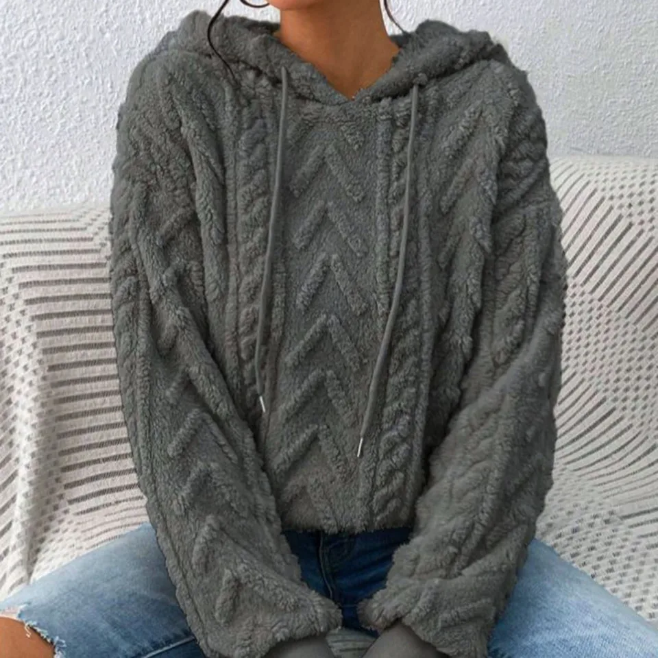 Teddy Fleece Nadmerné kapucňa pre ženy pevná farba s dlhým rukávom voľné príležitostné háčkovanie ľahké oblečenie s kapucňou s kapucňou