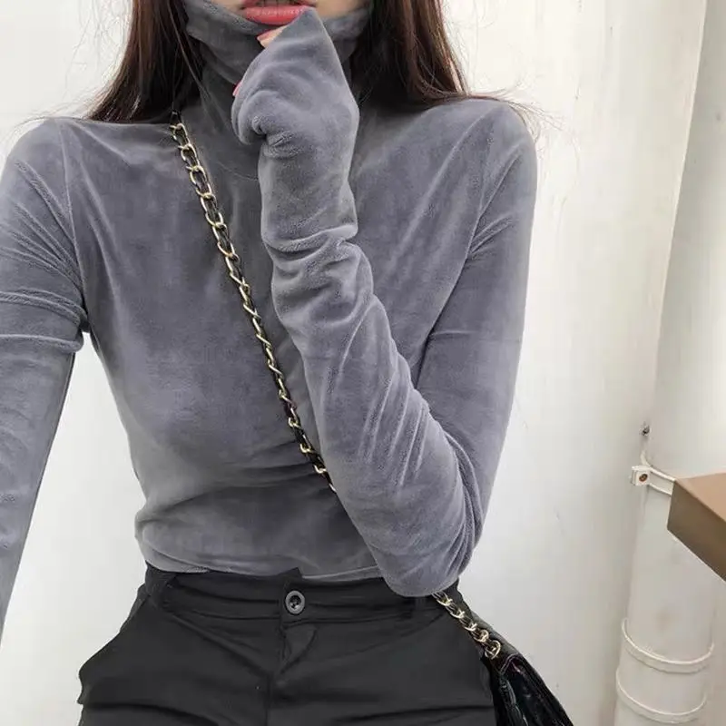 TEE Gray Tshirt Turtleneck top pre ženy Cool ženy Tričko Činné oblečenie teplé 2024 Vysoký dlhý rukáv Veľkoobchod estetický xxl o
