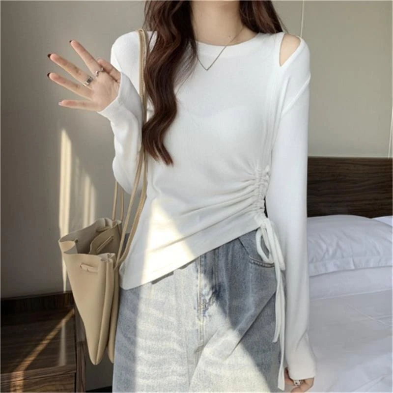 Tee Plain 2024 Slim Top pre ženy Tričko Biele ženy Originálne tričko Coquett Clothing Kórejský štýl starý s rukávmi vysoký príčin