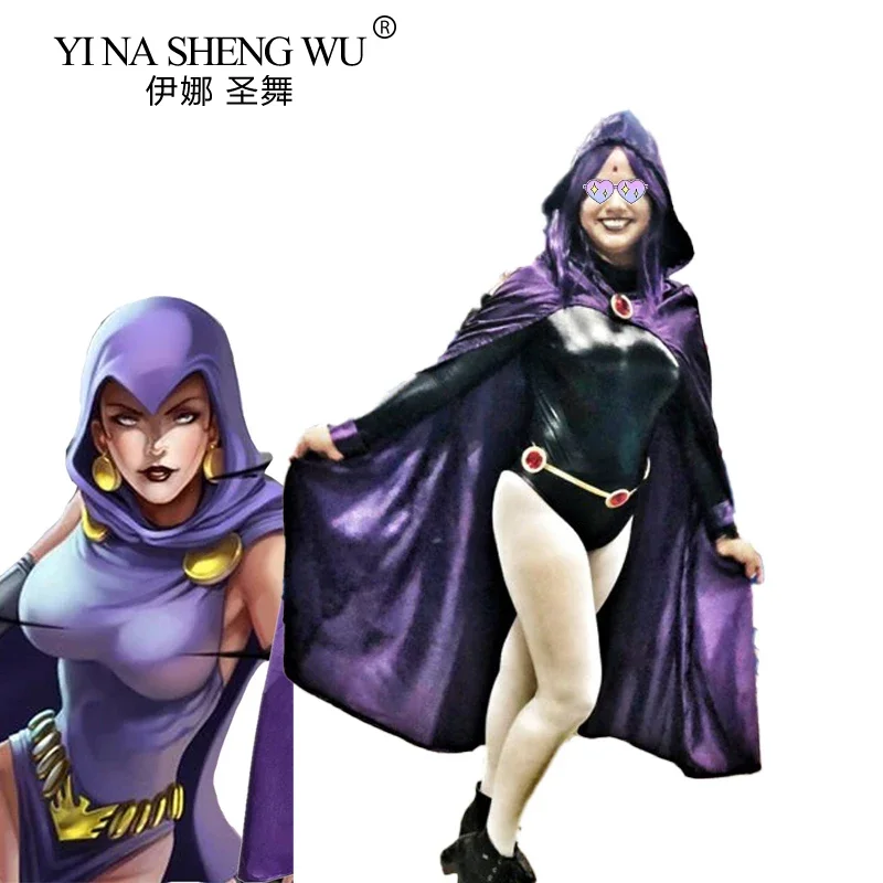 Teen Titans Super Hero Raven Cosplay kostýmy Ženy Čierny BodySuit Purple s kapucňou plášťov