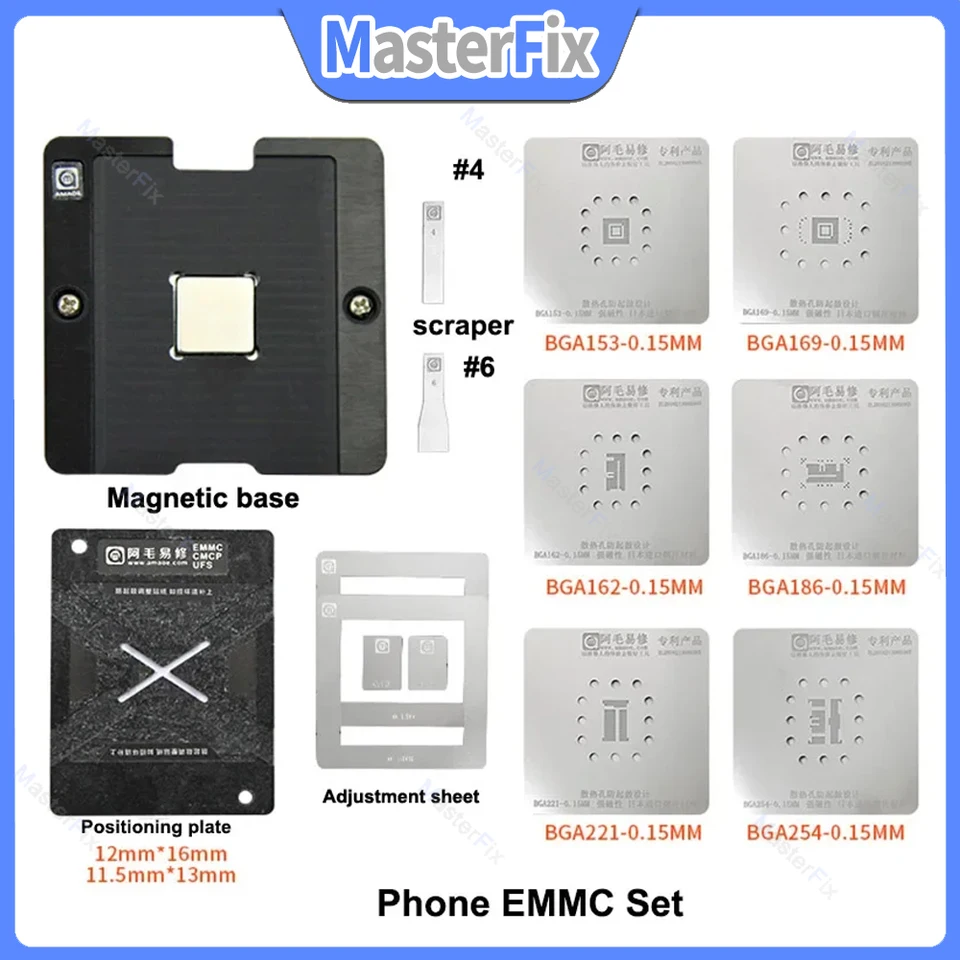 Telefón EMMC EMCP UFS BGA 153 162 169 186 221 254 0,15 mm BGA Reballing Stencil Set cín Planting Kit