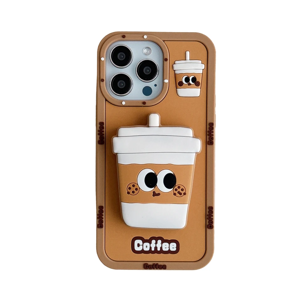 Teleskopická držiak pre iPhone 11 12 13 14 15, 16 Pro Max 3d Cutoon Coffee Cup, mäkký silikónový puzdro na zadnú pokožku