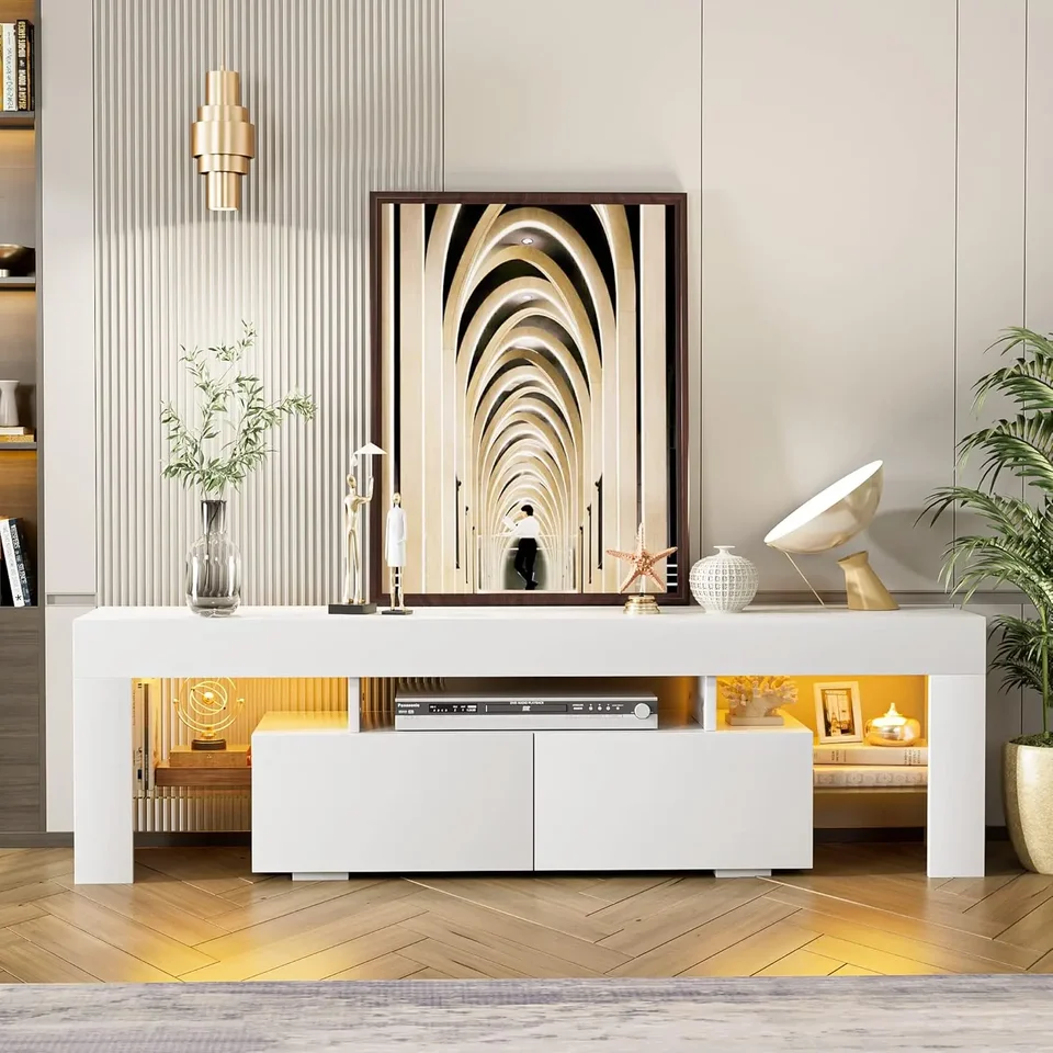 Televízne stojan Moderné osvetlenie televízneho skrinky Entertainment Center Médiá a otvorená televízna konzola s 1 zásuvkou a diaľkovým ovládaním,
