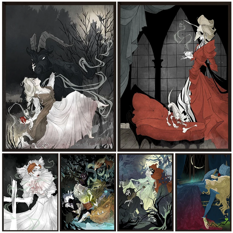 Temná rozprávka Horor Gotic Fantasy Art Viktoriánske umenie maľba múru, Mothman, Vampire, Unicorn, Goblin King Art Plagát