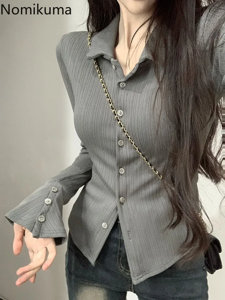 Temperament Lady Tops Blouses for Women Slim Fit Fit Flare Ruckve Vintage košele móda masívna farba Kórejská blúzka camisas de mujer