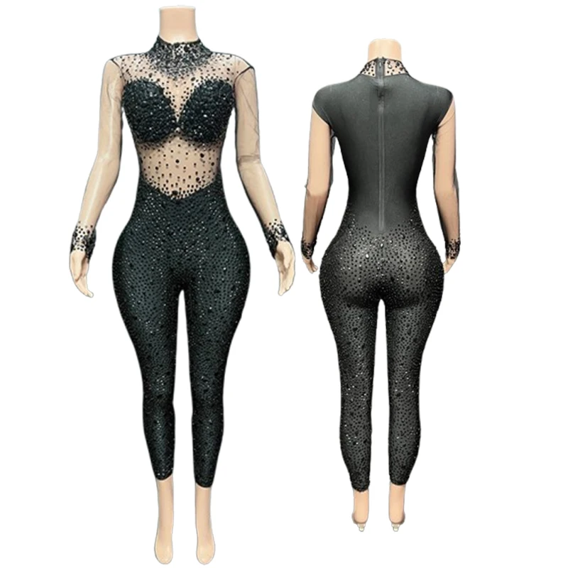 Temperament čierna dutá sieť sexy dlhý priehľadný rukáv Slim Zipper Black Diamond Dress Dámske šaty na večierok a svadbu