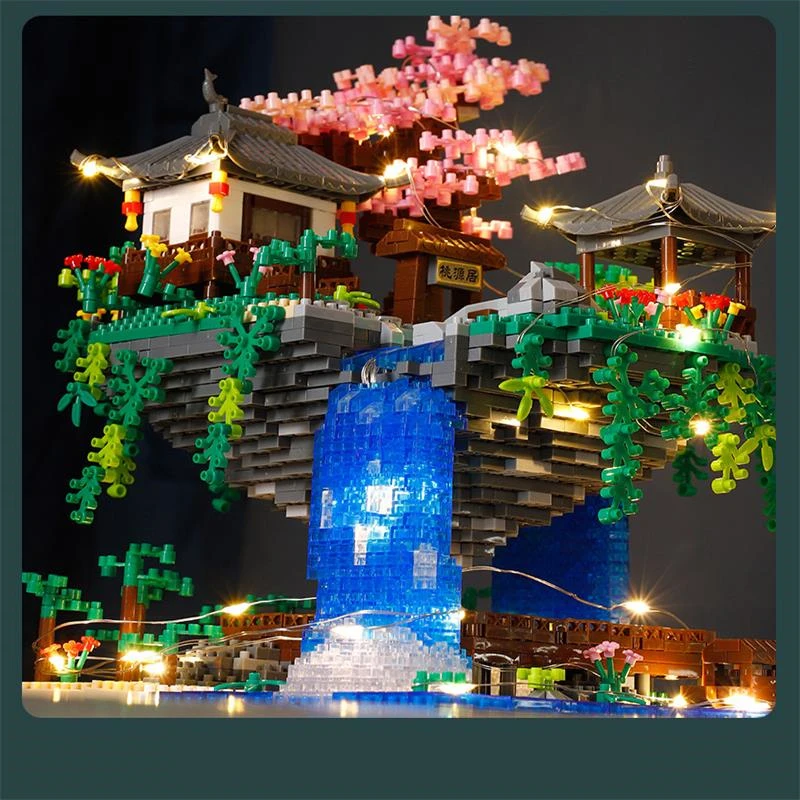 Temple Pavilon Island Waterfall bazén LED svetlo Mini diamantové bloky tehlové hračky pre deti a dospelých