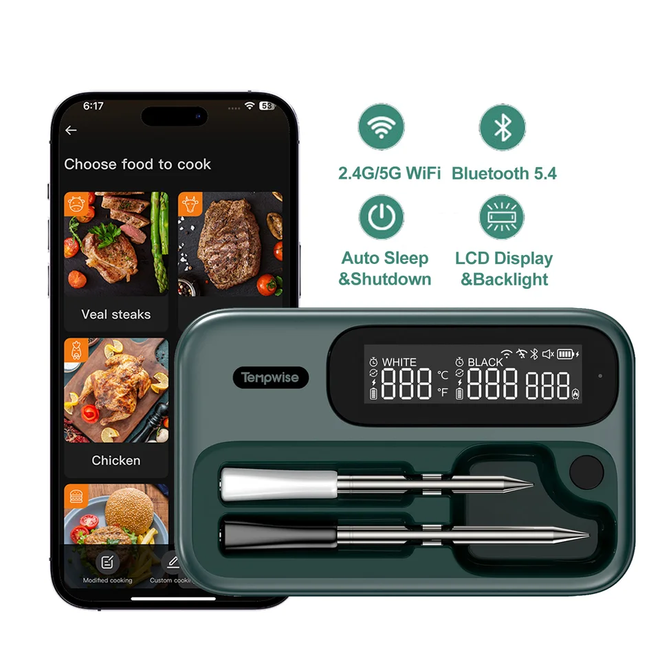 Tempwise WiFi Bluetooth Dual BBQ Mäsový teplomer domáci bezdrôtový teplomer s teplomerom s ultra rýchlou odozvou dlhá a krátka sonda