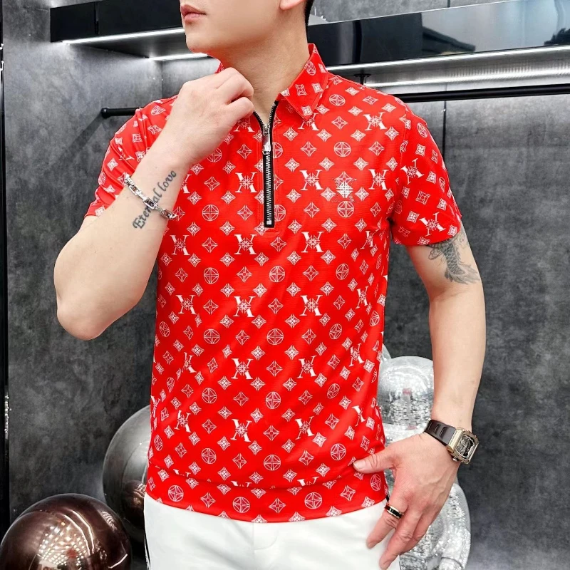 Tenké priedušné letné módne pólové košele Luxusné všetko zladenie tenký klopa Half Zipper Men Nové elegantné tlač krátke rukávy tričká s krátkym rukávom