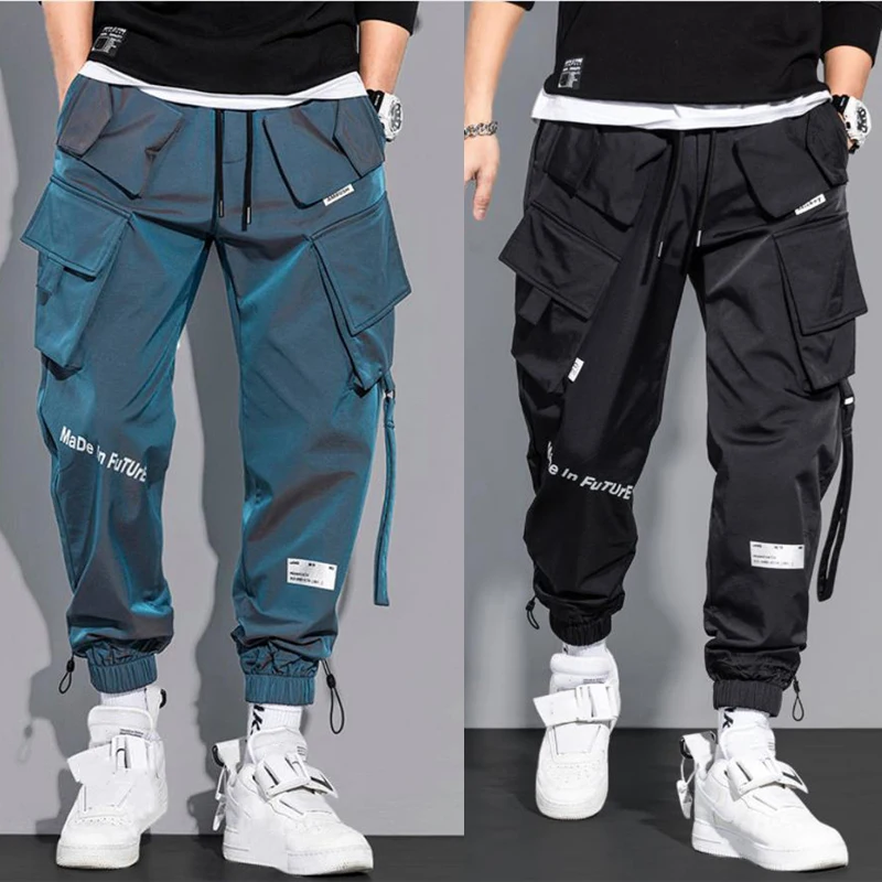 Tenké streetwear Cast Pants Men stužky harémové joggingové nohavice Muž Slim Fit Spring Cargo Pants Multi-vrecká Dámske nohavice K12