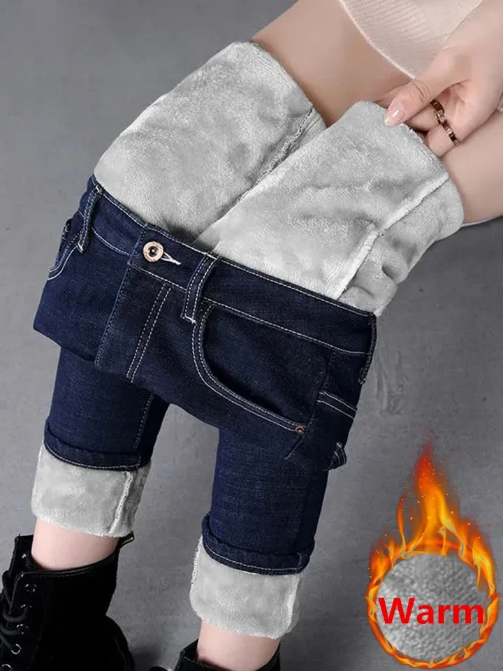 Tenký fleece dámske džínsy ceruzky zimné ženy Plyšové úsek vaqueros nohavice stredný pás zahusťujú teplé džínsové džínsové spodnie