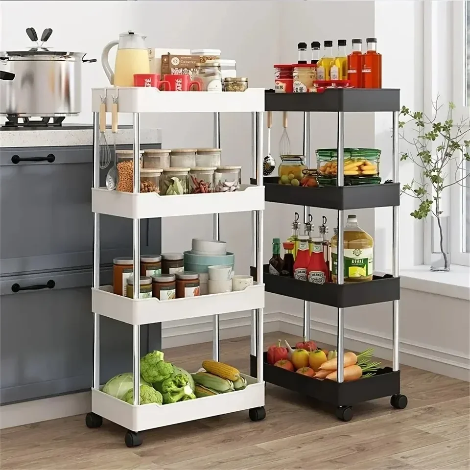 Tenký rolovací úložný vozík na kolesách Utility Slide 3/4 Tier kúpeľňa Trolley Bookshelf Organizujte občerstvenie vozíkov