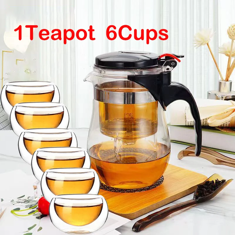 Tepelne odolný v sklenenom čaji 1Tea hrniec 6 čajových šálok Puer kanvica Tea Infuser Chinese Kung Fu Teawear Set Hebabilný čajový čaj Sware